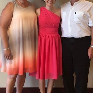 Azazie knee length one shoulder pink bridesmaid dress